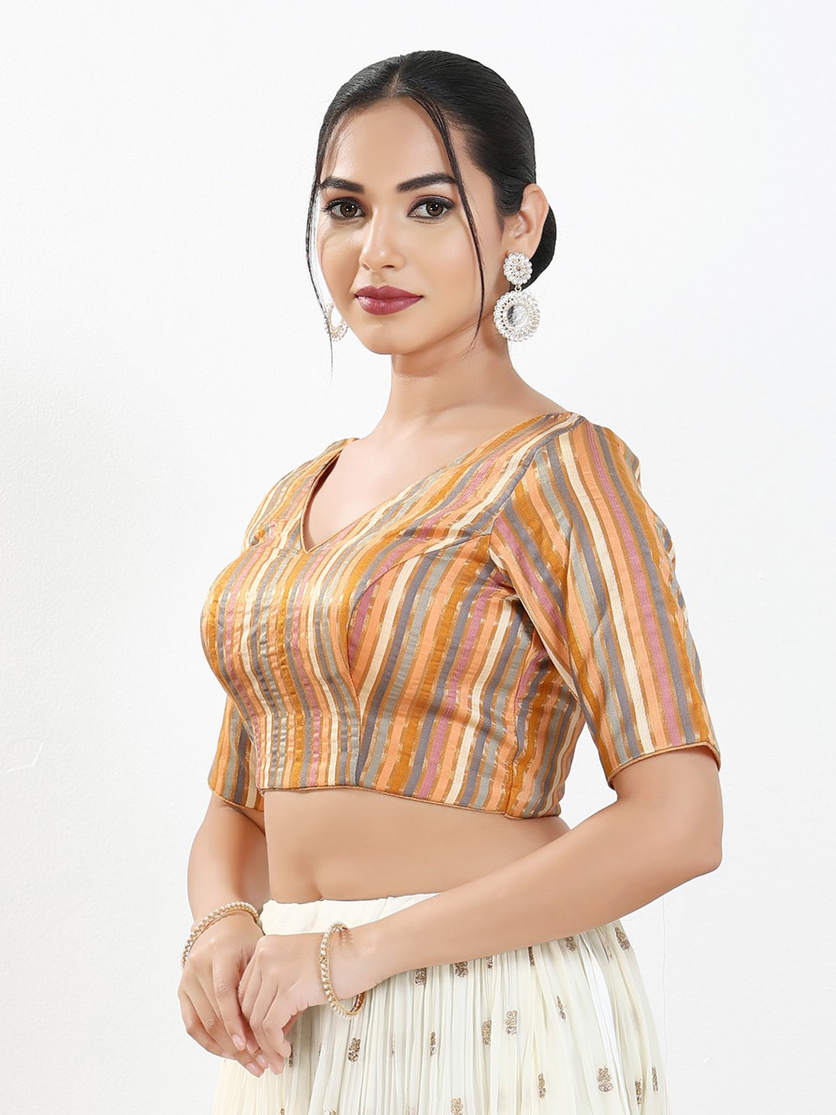 Peach multi stripe brocade ready blouse