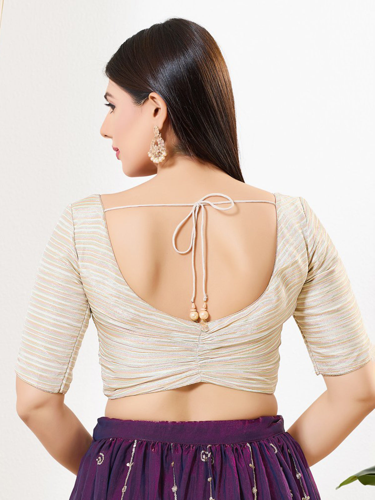 Light gold stripe tissue front open blouse