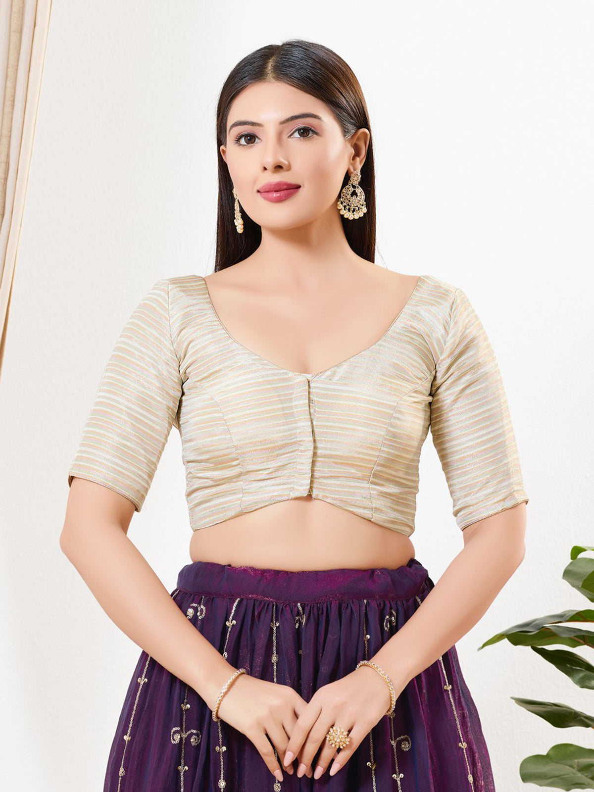 Light gold stripe tissue front open blouse