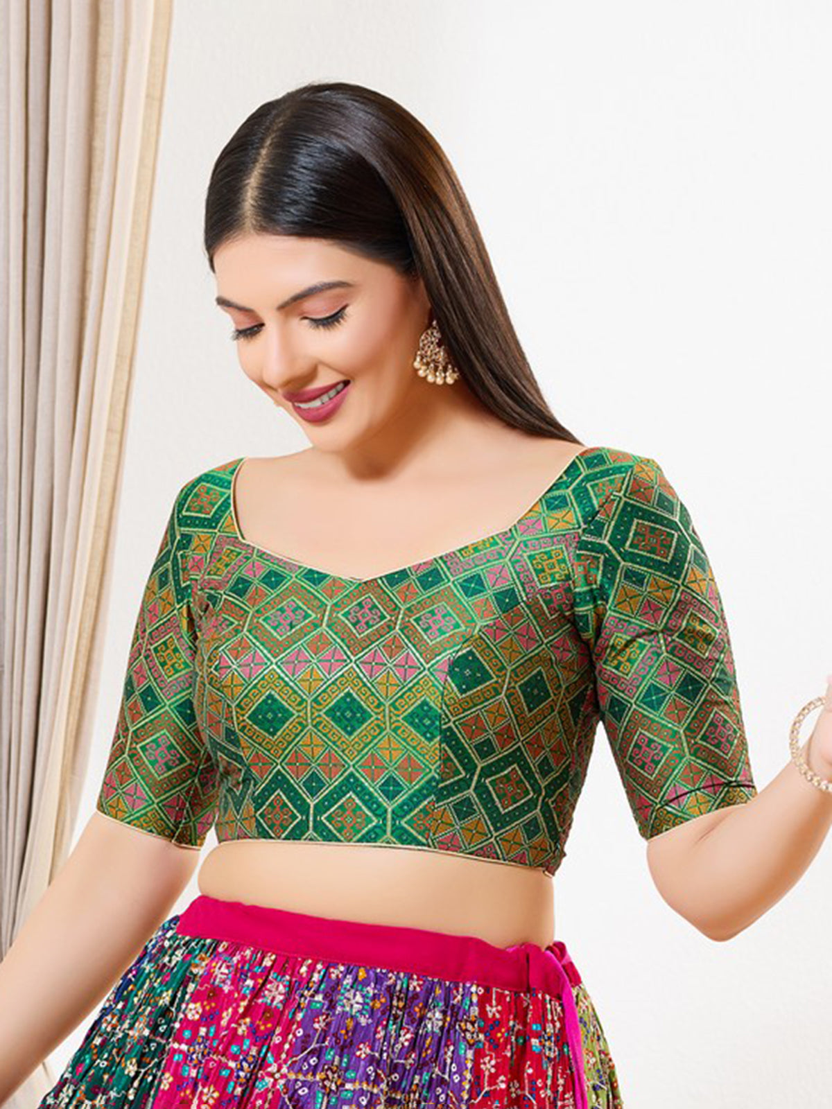 Green multi printed brocade sweetheart blouse