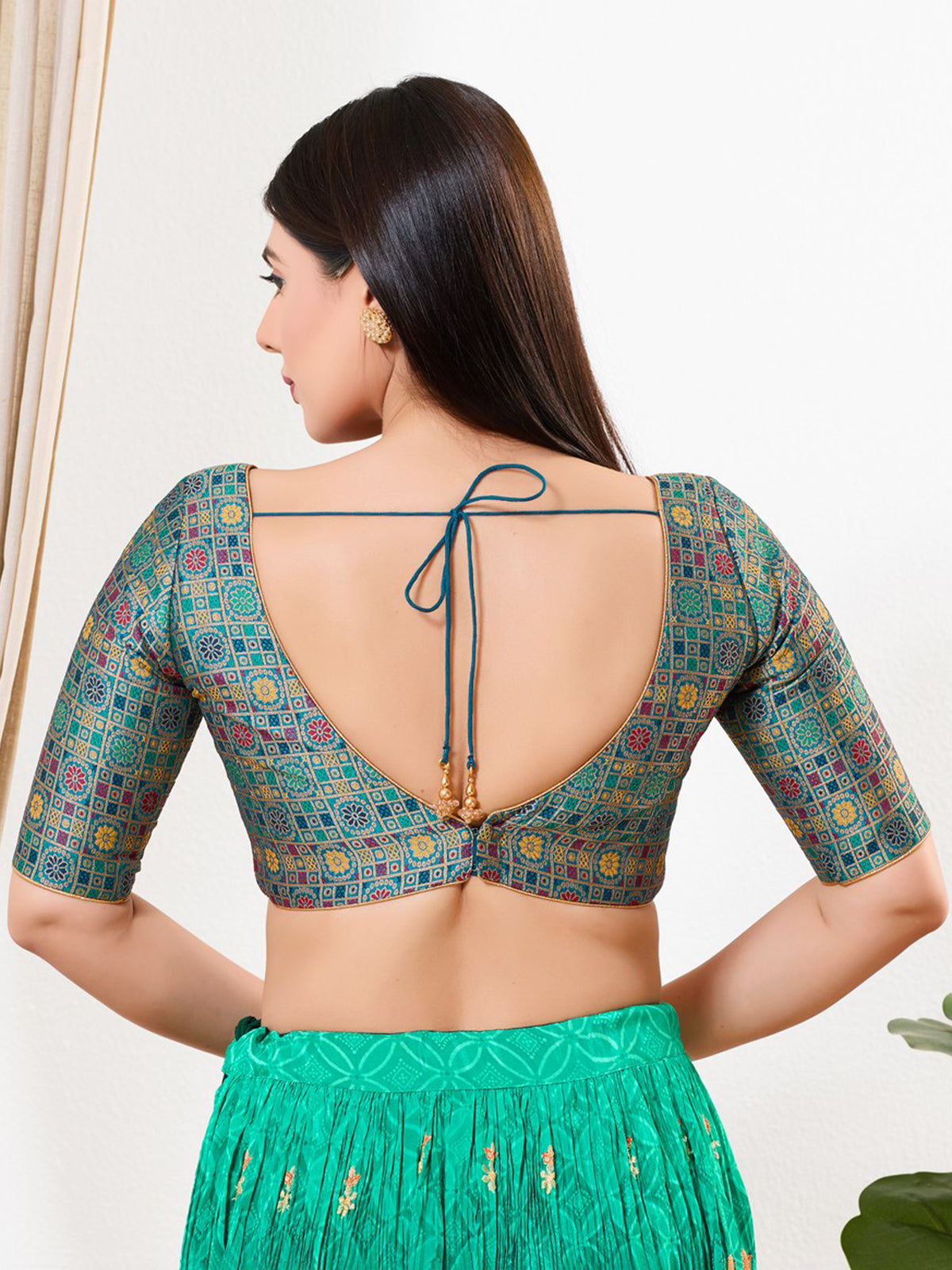Peacock blue printed brocade V neck blouse