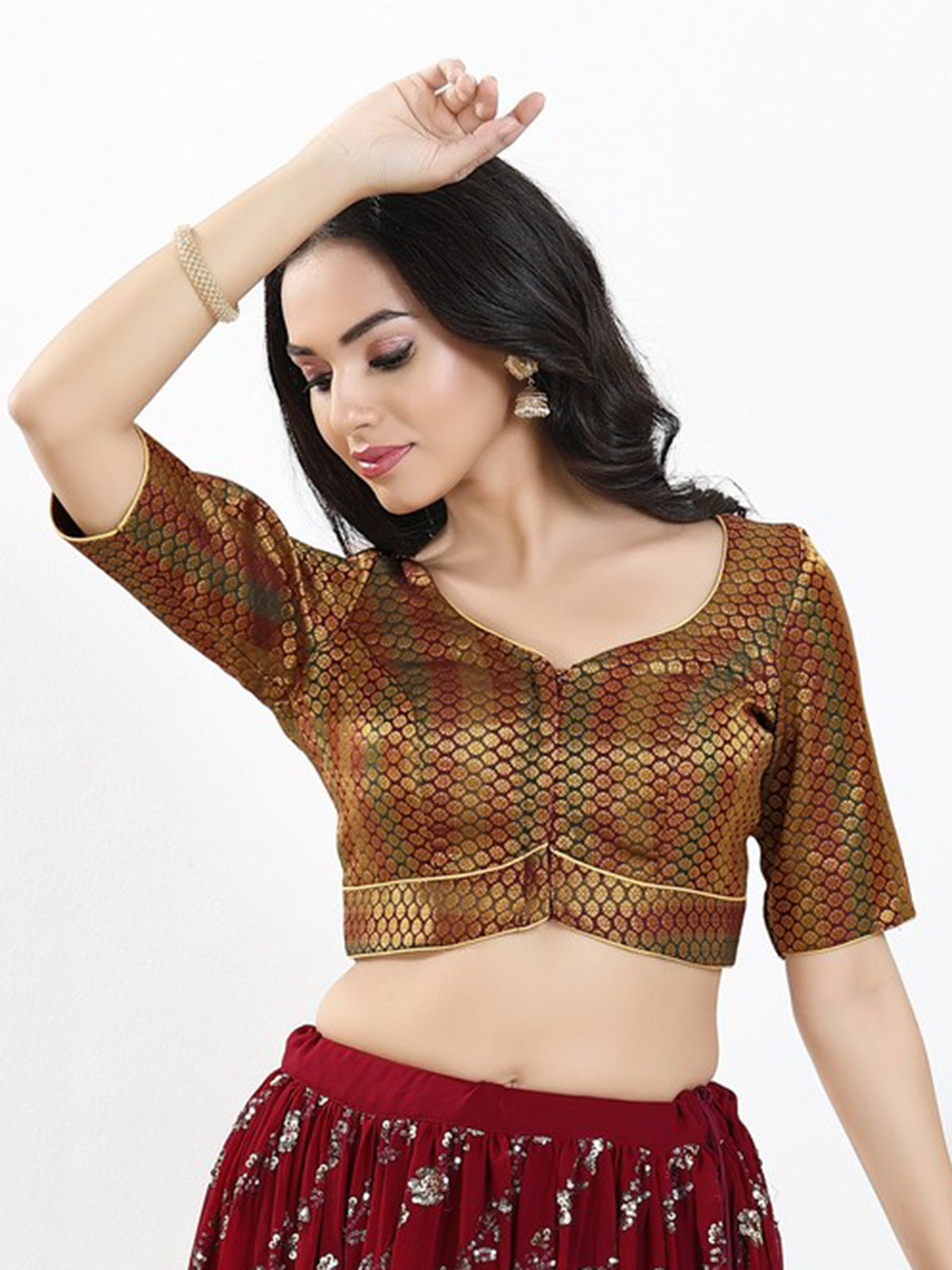 Dark maroon zari brocade sweetheart neck blouse