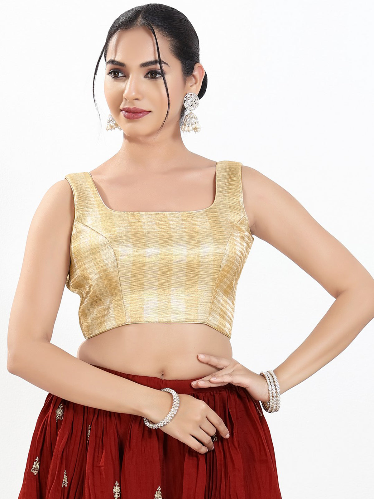 Gold zari brocade square neck sleeveless blouse