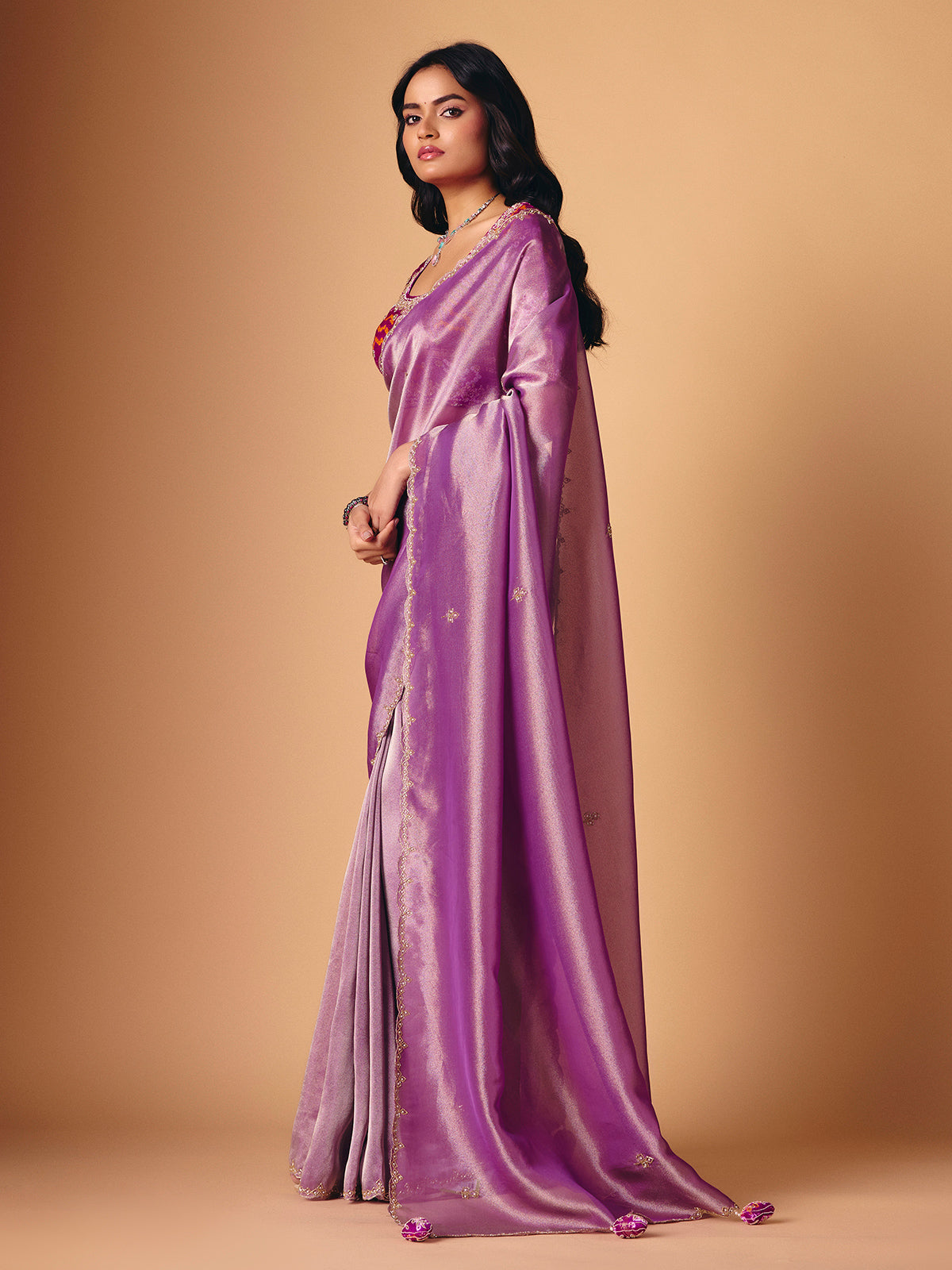 Pastel purple saree in tissue silk with ready made blouse
