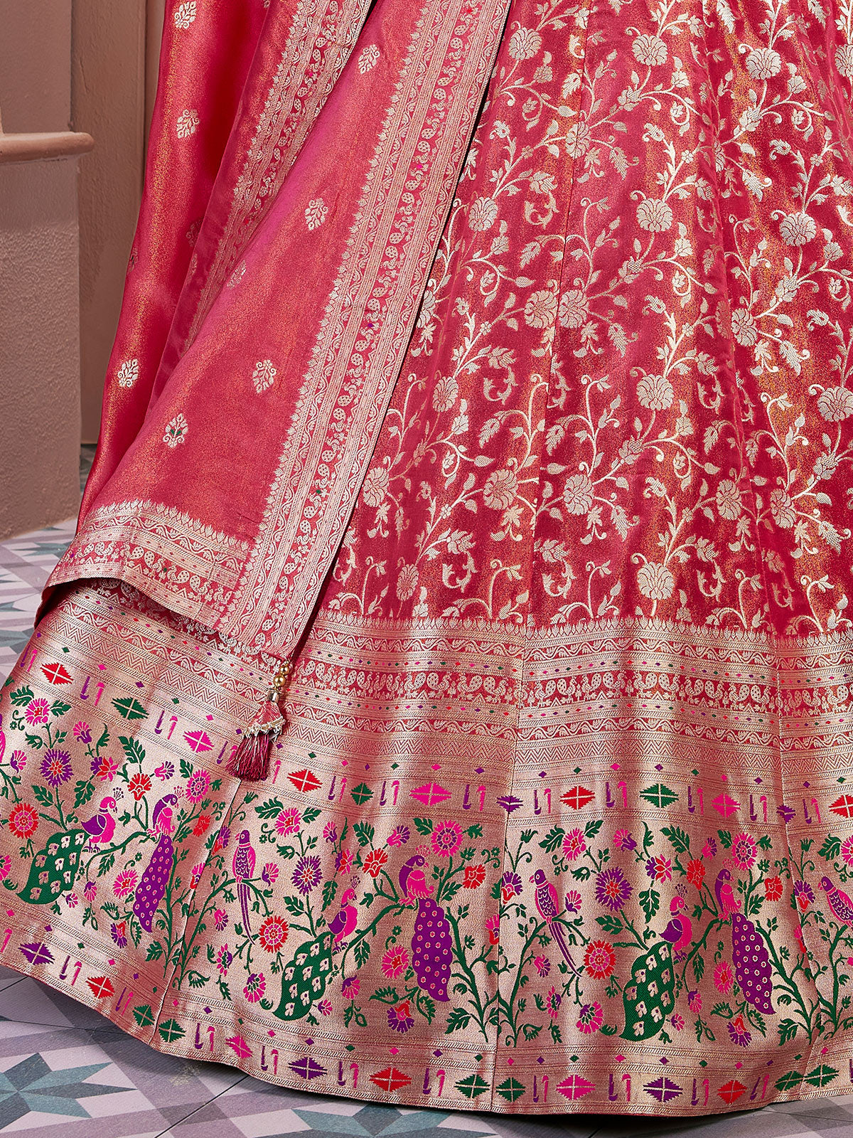 Maroon banarasi silk zari work lehenga choli ensemble