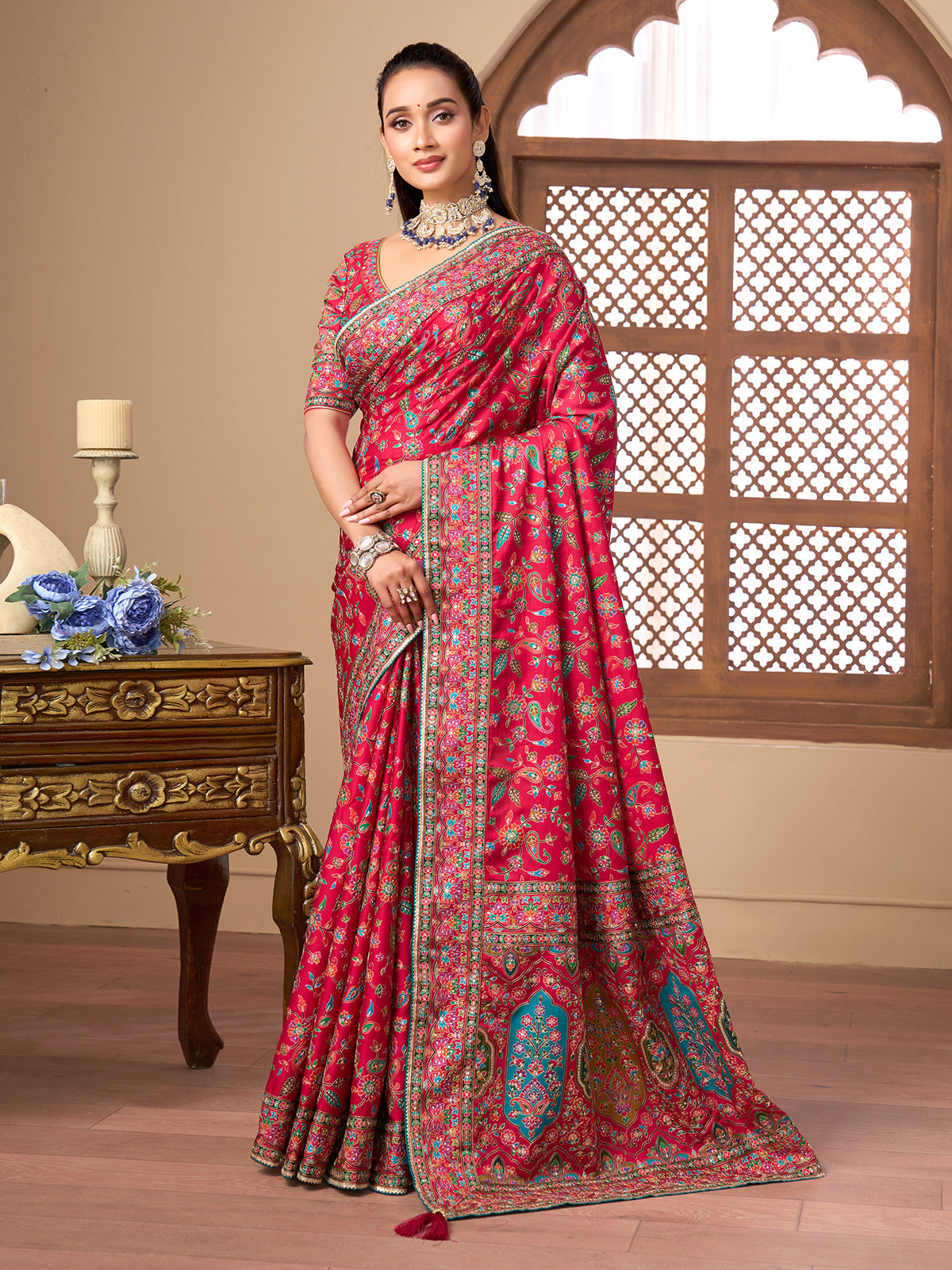 Deep red printed satin silk festive wear saree