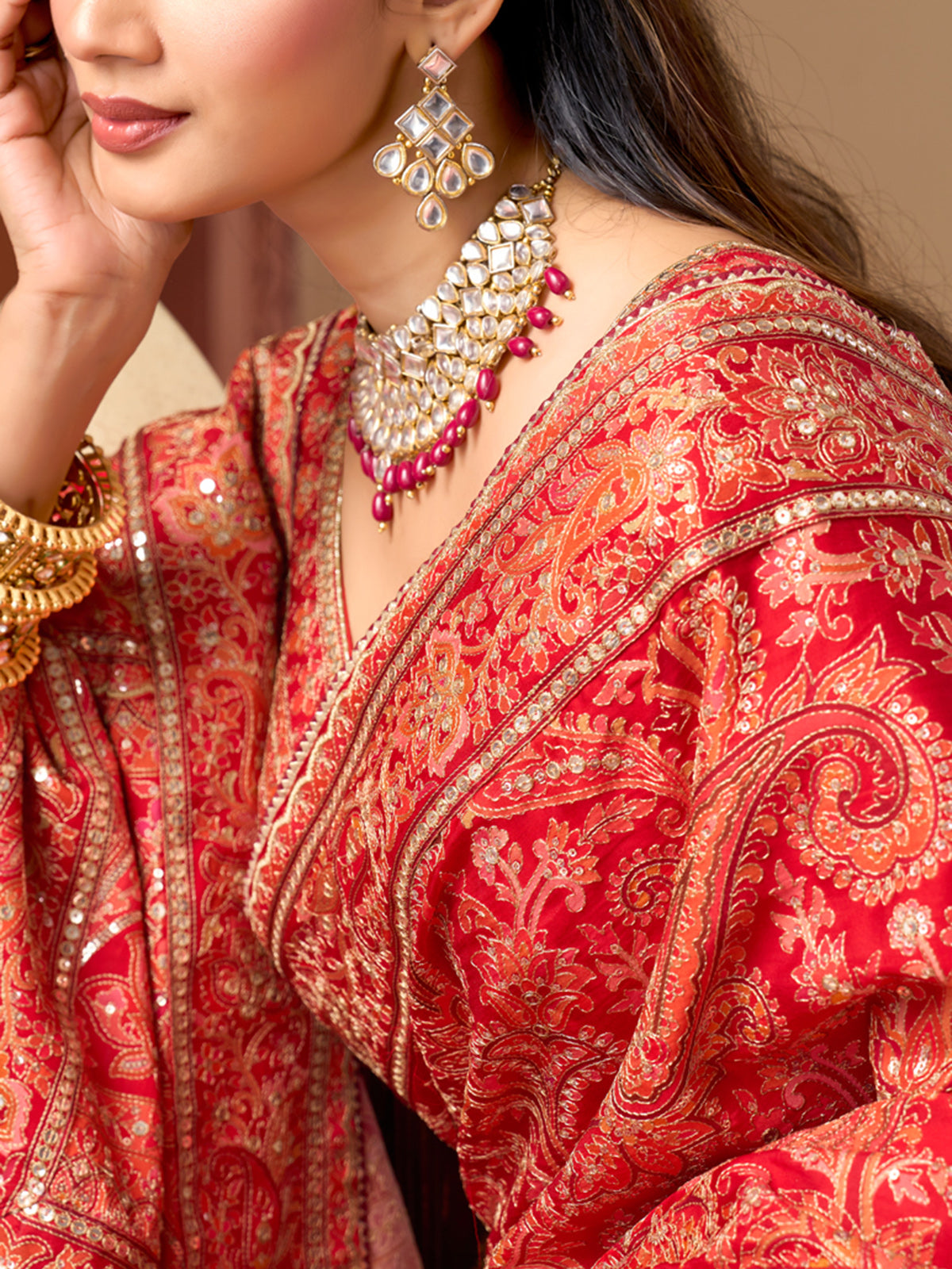 Red printed satin silk wedding wear saree