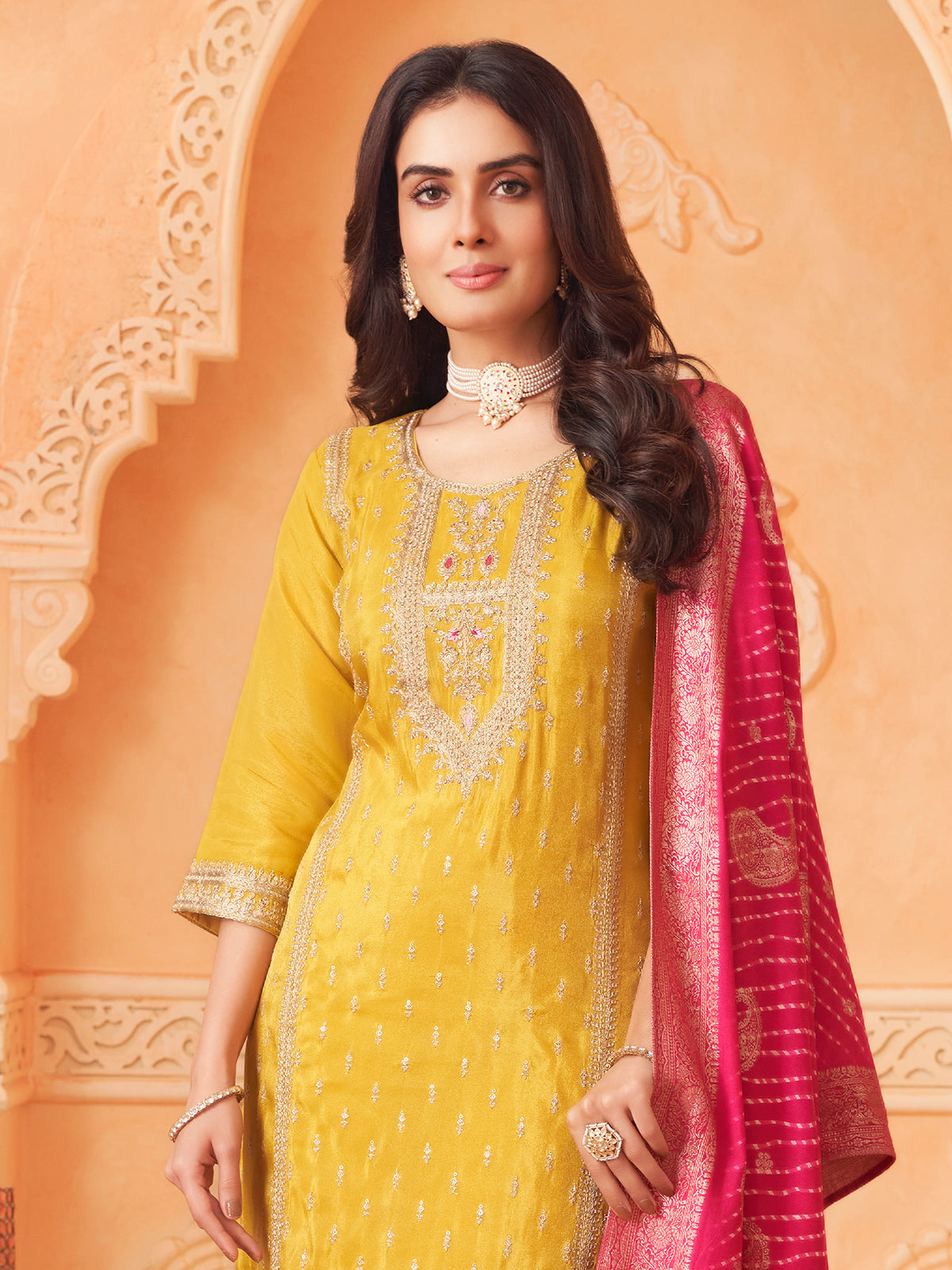 Mustard yellow diamond work pakistani silk salwar suit