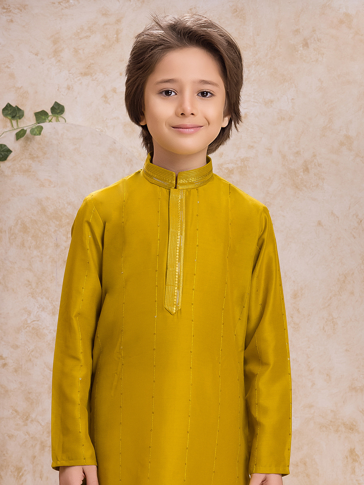 Yellow festive kurta suit in cotton silk for boys