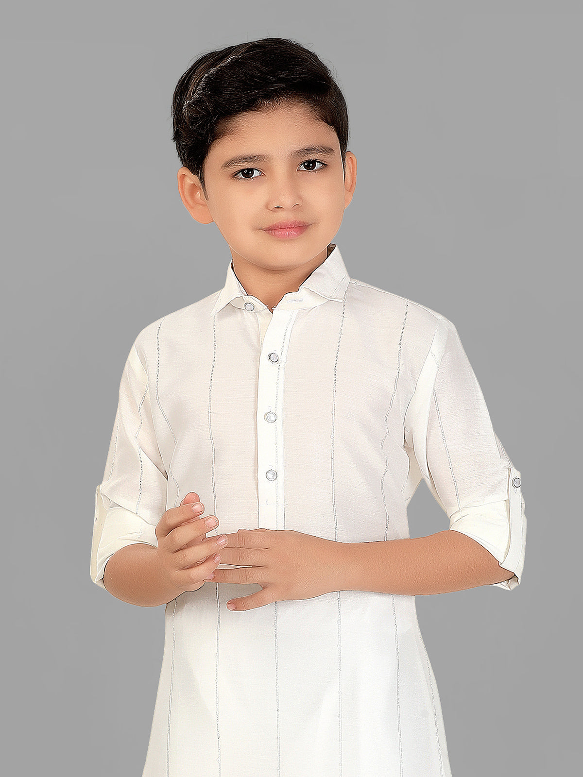 White cotton silk boys pathani suit festive