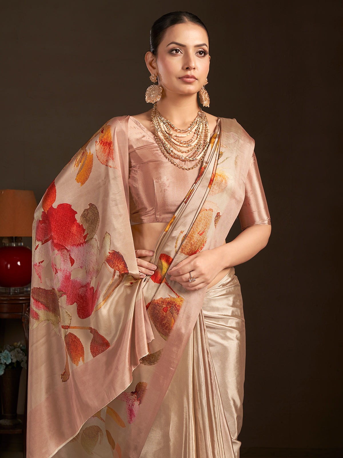 Pastel beige ready to wear silk crepe saree
