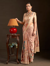 Light peach ready to wear silk crepe saree for women