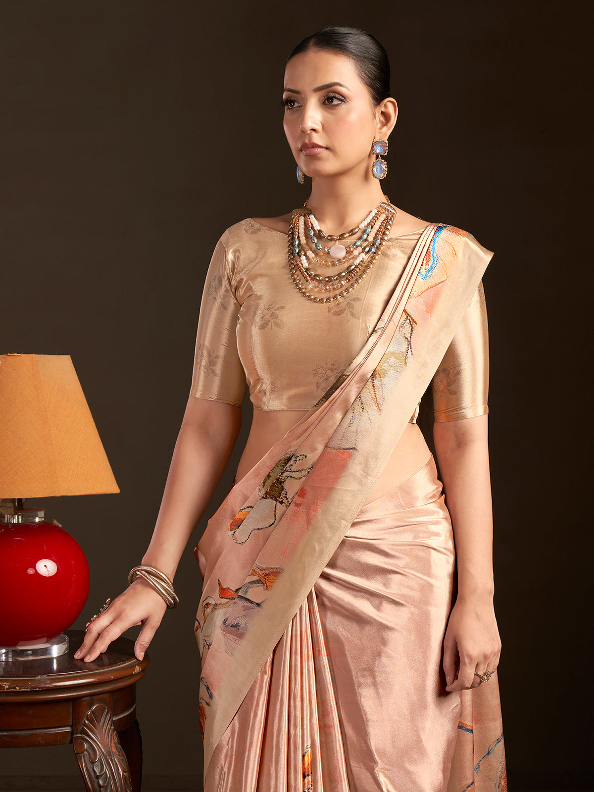 Light peach ready to wear silk crepe saree for women