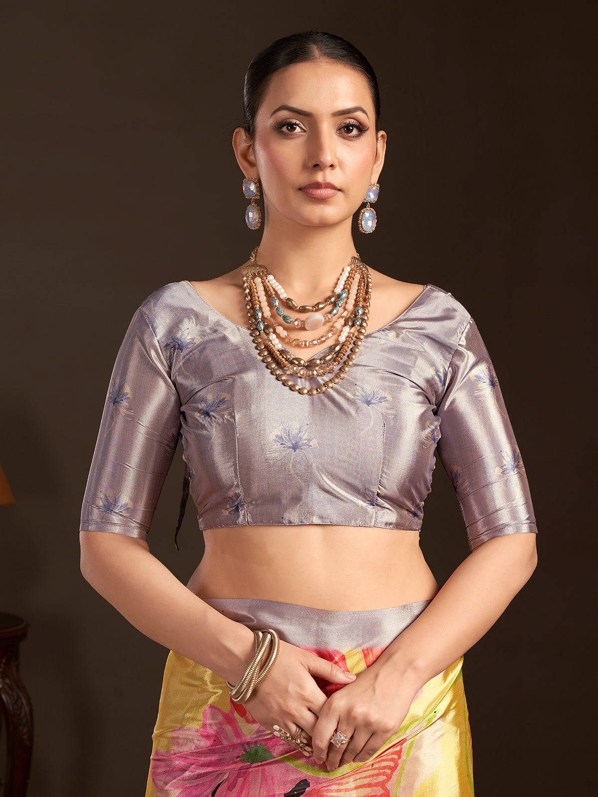 Pastel yellow ready to wear silk crepe saree for party wear