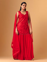 Red georgette silk sleeveless palazzo suit for women