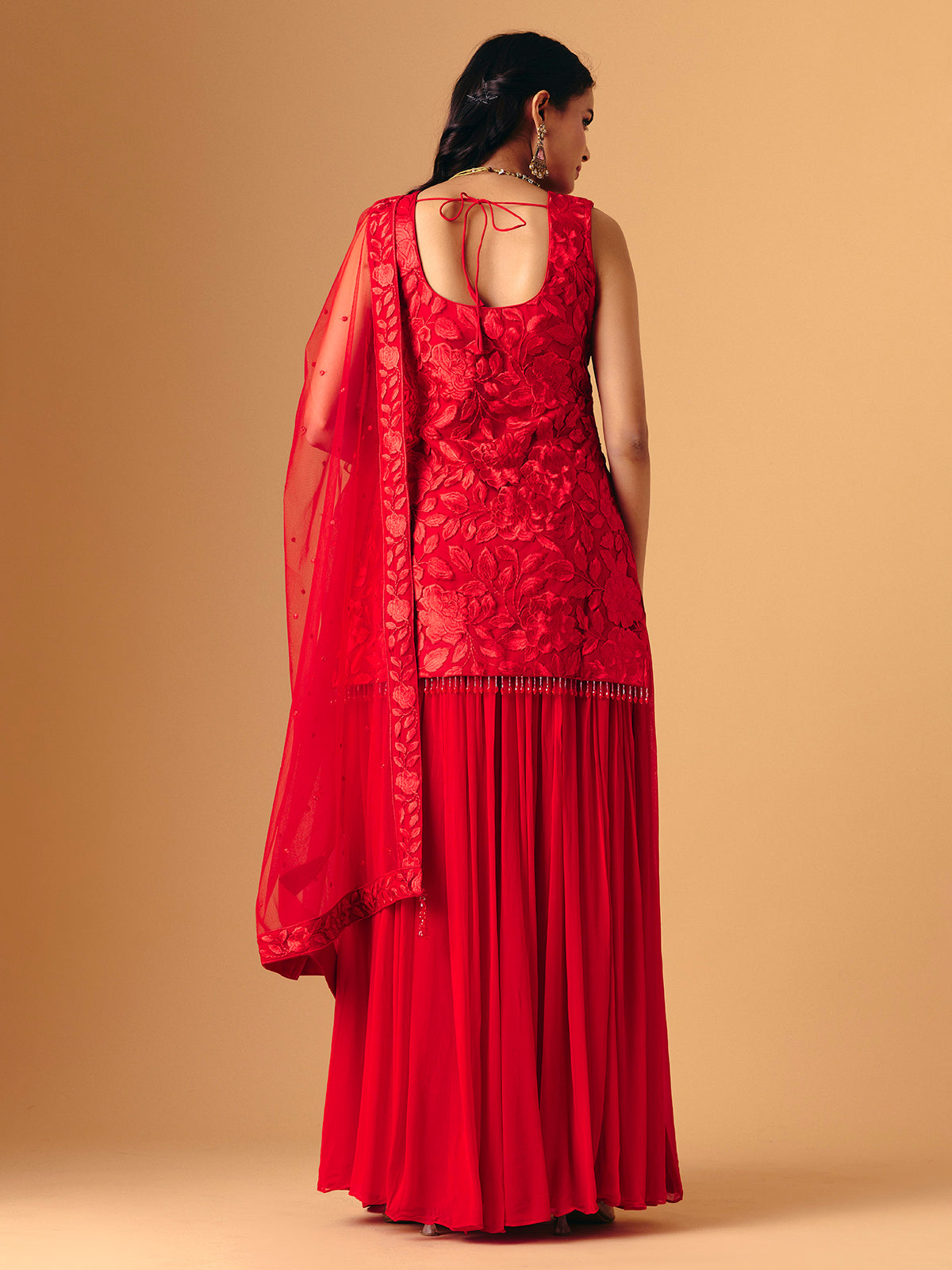 Red georgette silk sleeveless palazzo suit for women