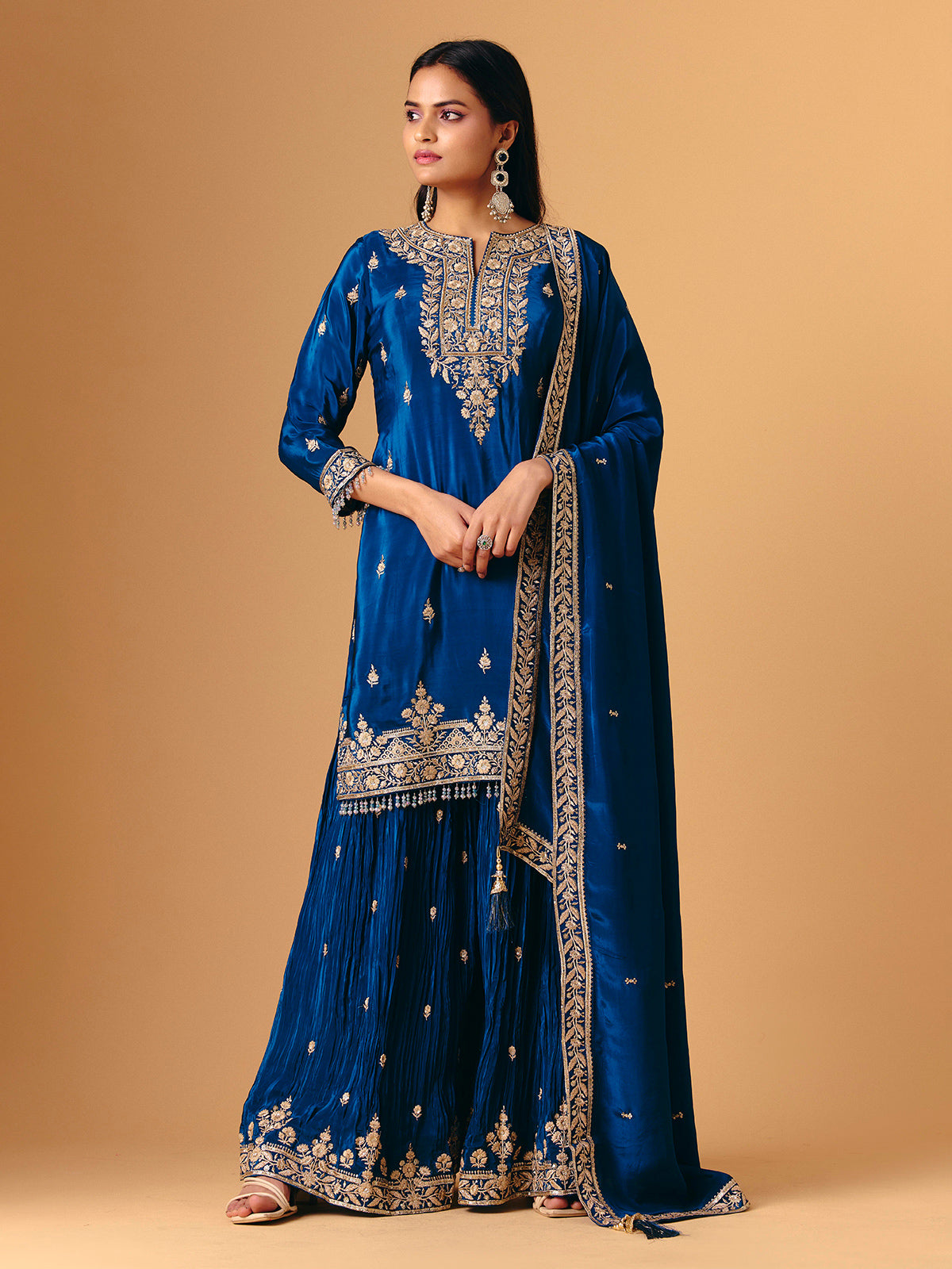 Blue silk quarter sleeve palazzo suit for reception wear