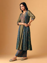 Mehendi green cotton silk v neck palazzo suit for women
