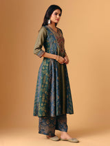 Mehendi green cotton silk v neck palazzo suit for women