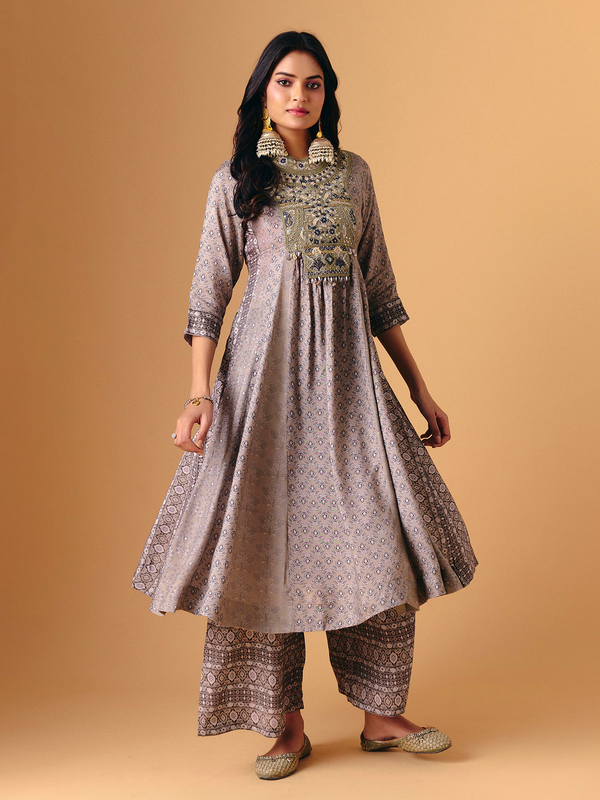 Beige cotton silk quarter sleeve palazzo suit
