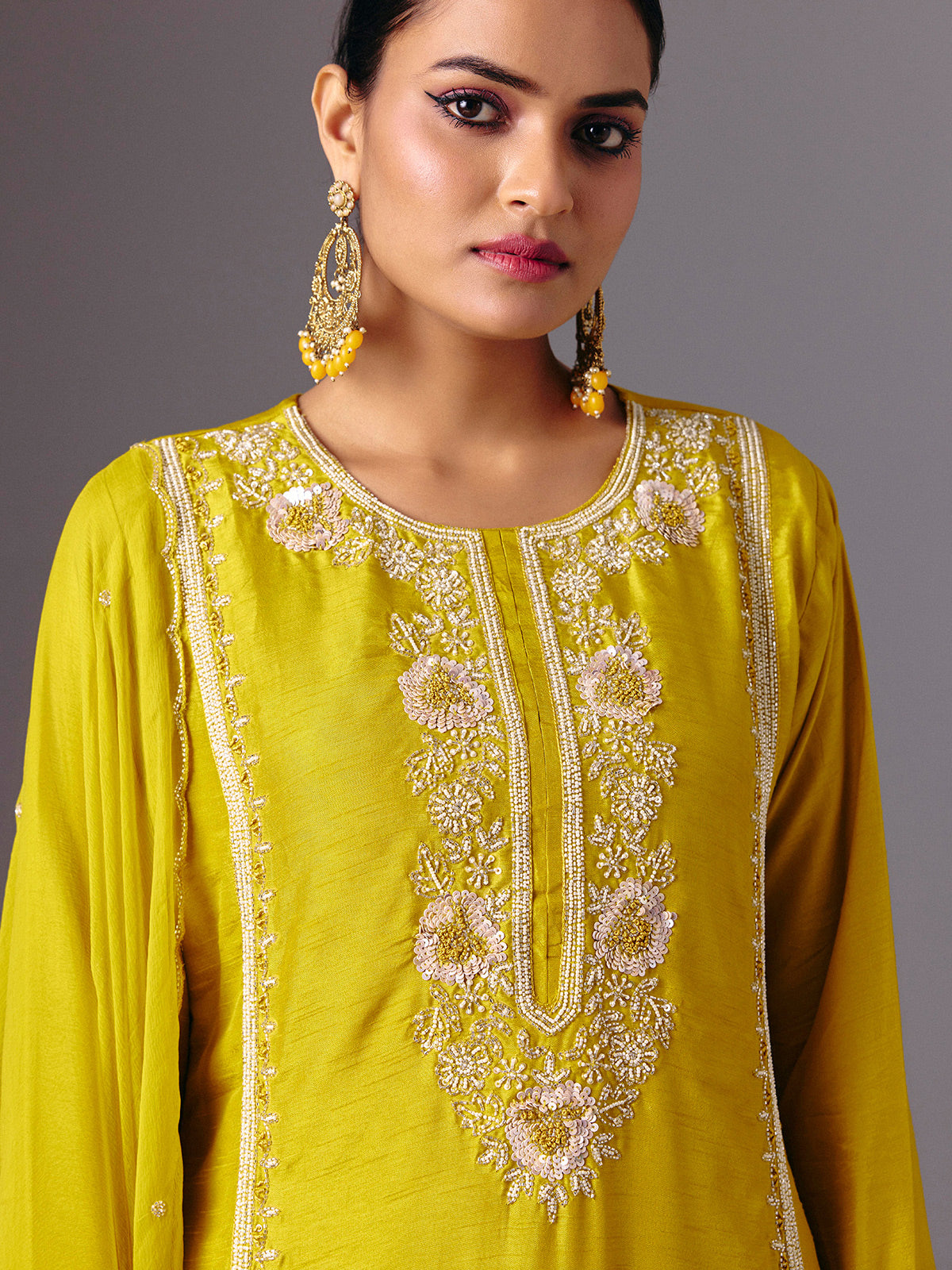 Yellow silk round neck traditional sharara suit