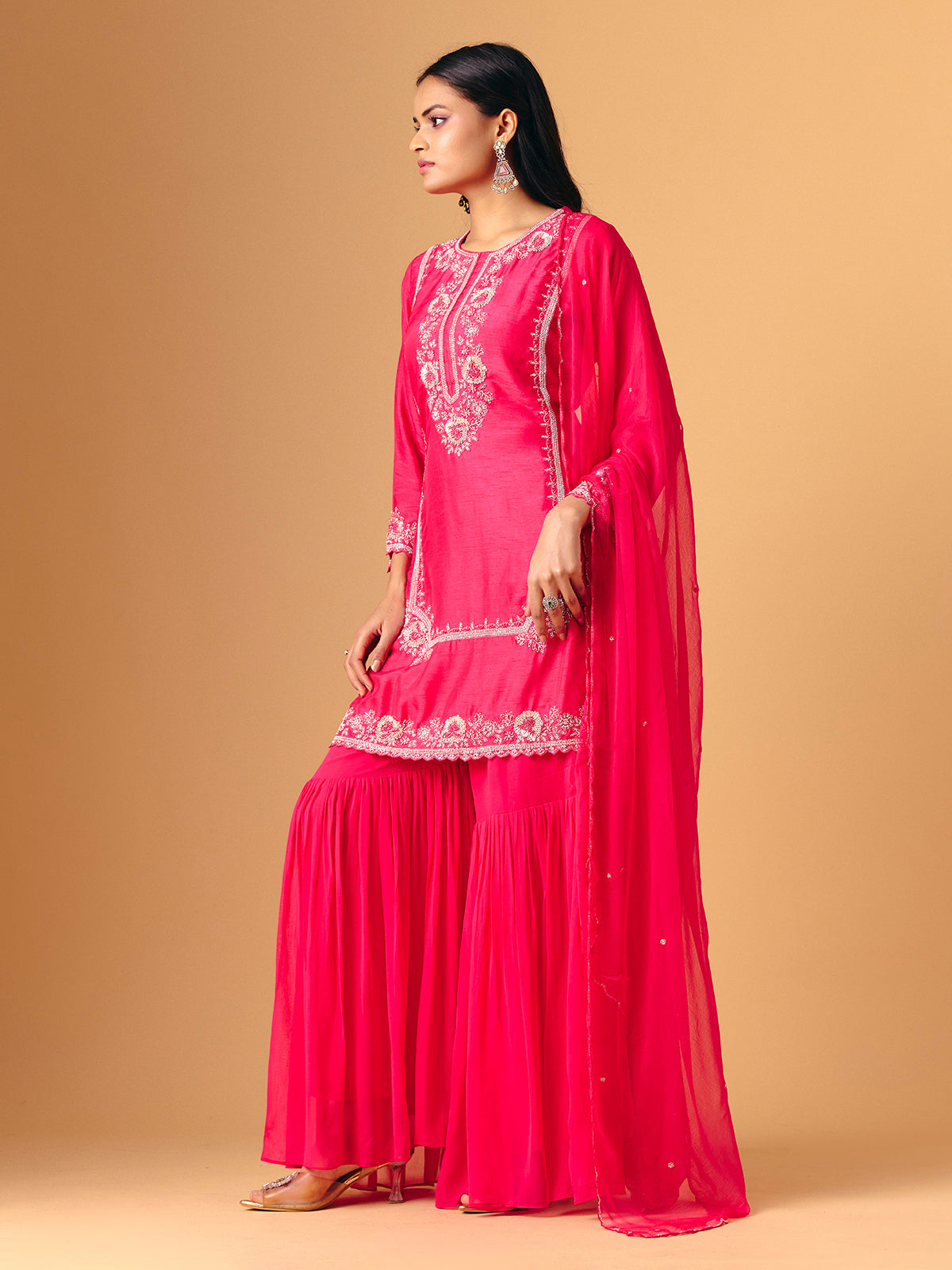Pink silk round neck shimmering sharara suit
