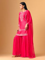 Pink silk round neck shimmering sharara suit