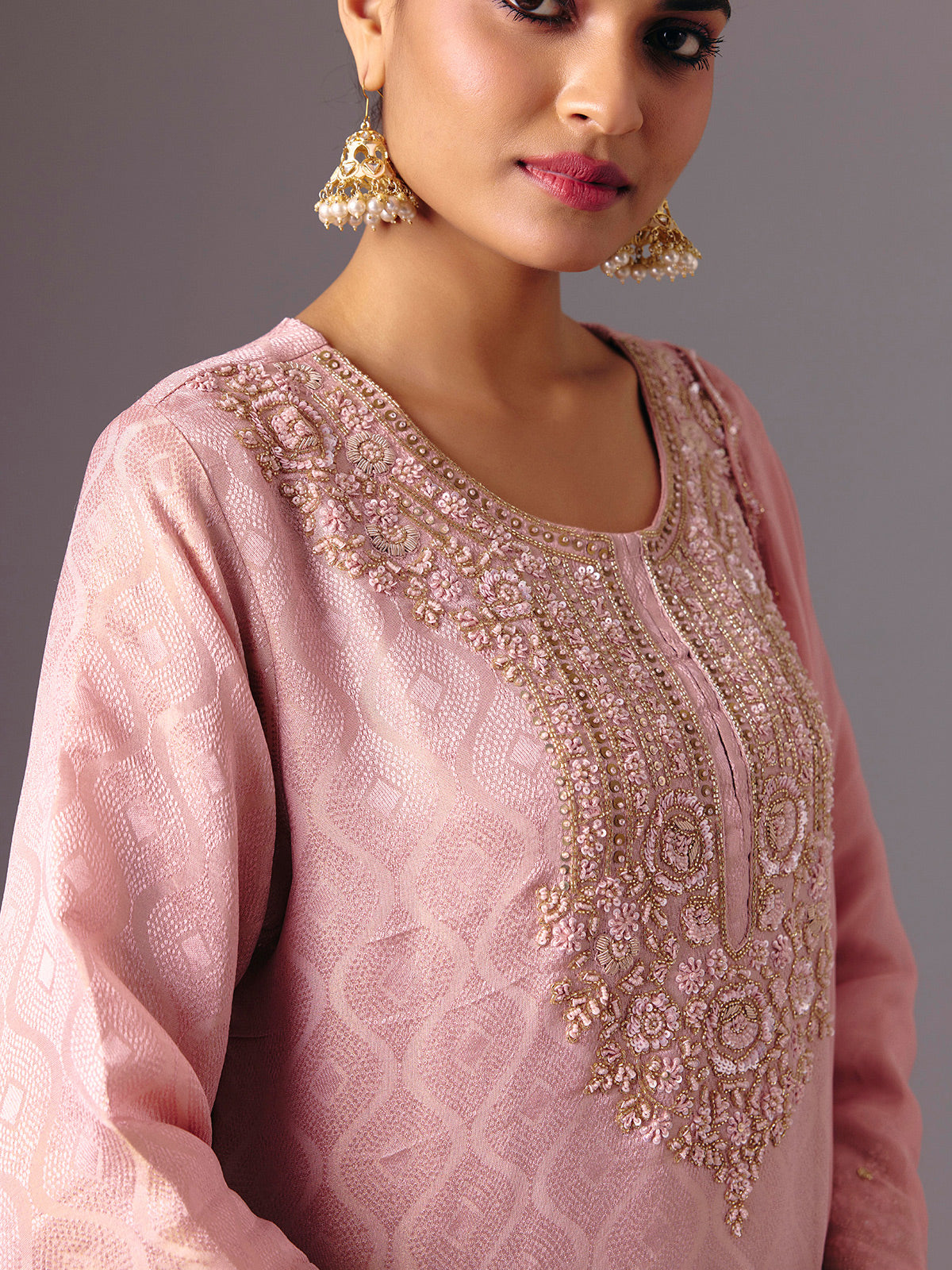Peach chanderi silk quarter sleeve palazzo suit