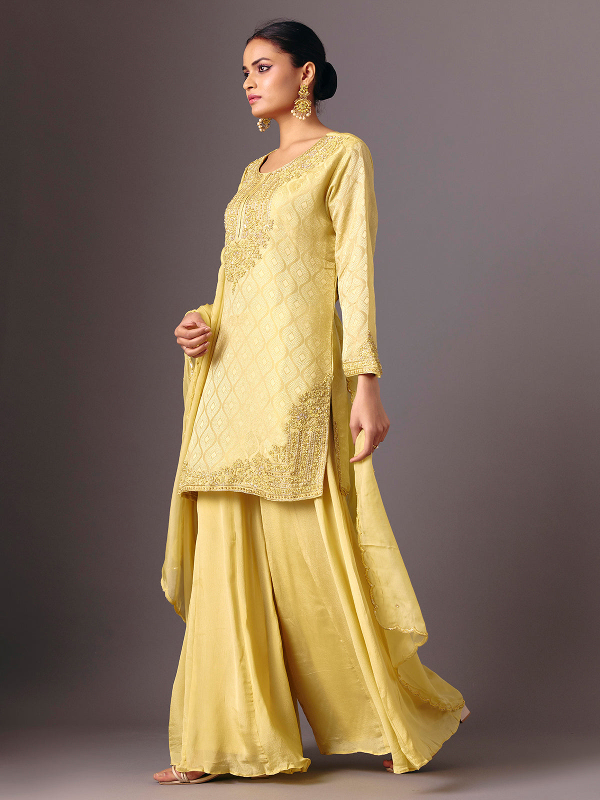 Yellow chanderi silk quarter sleeve palazzo suit