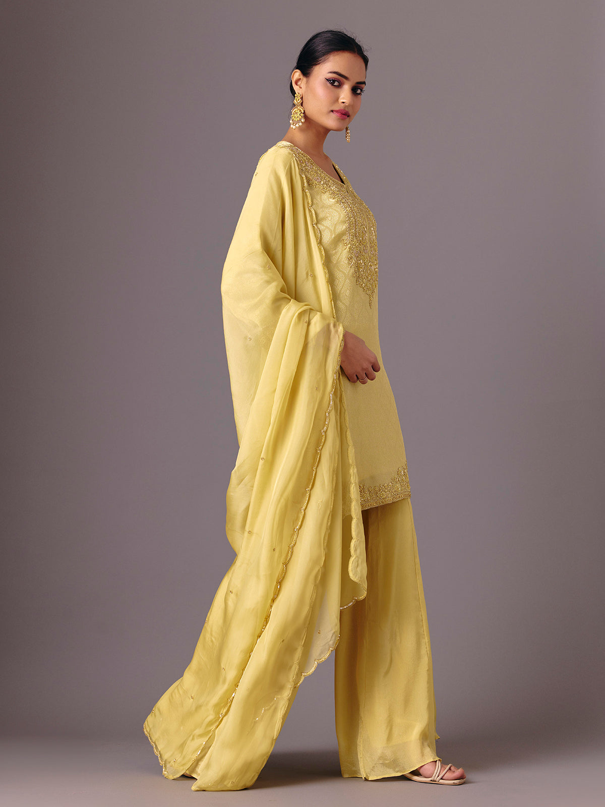 Yellow chanderi silk quarter sleeve palazzo suit