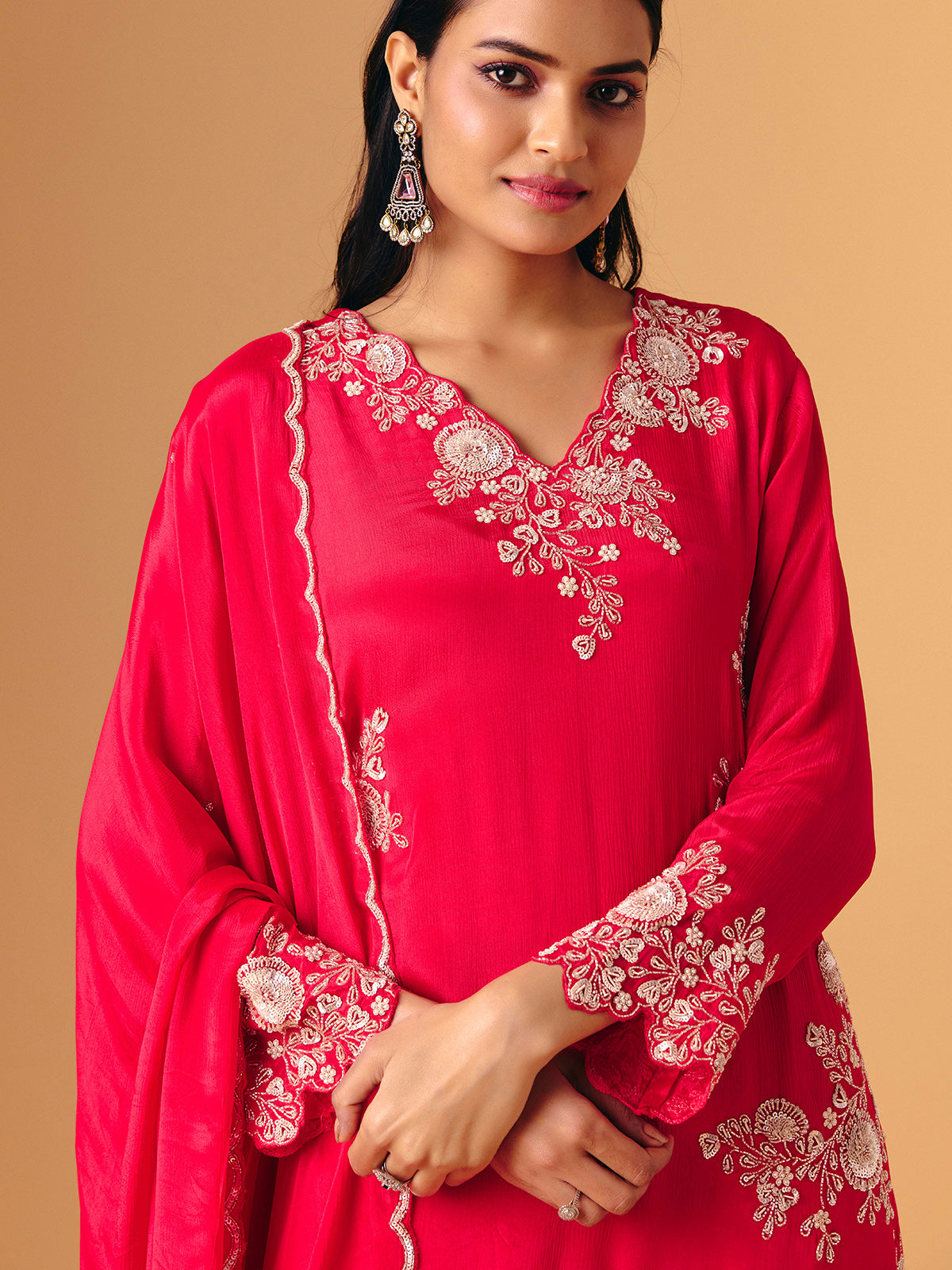 Rani pink georgette V neck layered sharara suit