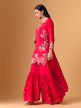 Rani pink georgette V neck layered sharara suit