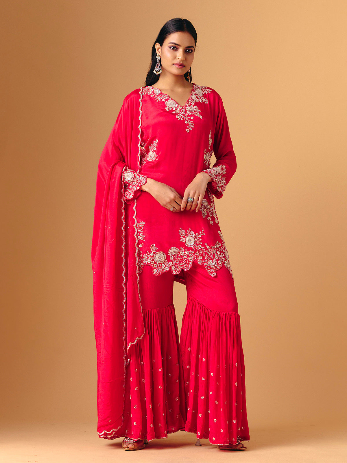 Rani pink georgette V neck layered sharara suit