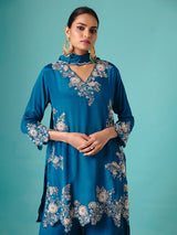 Teal blue georgette V neck elegant sharara suit