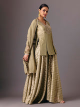 Olive silk mirror embellished quarter sleeve palazzo suit