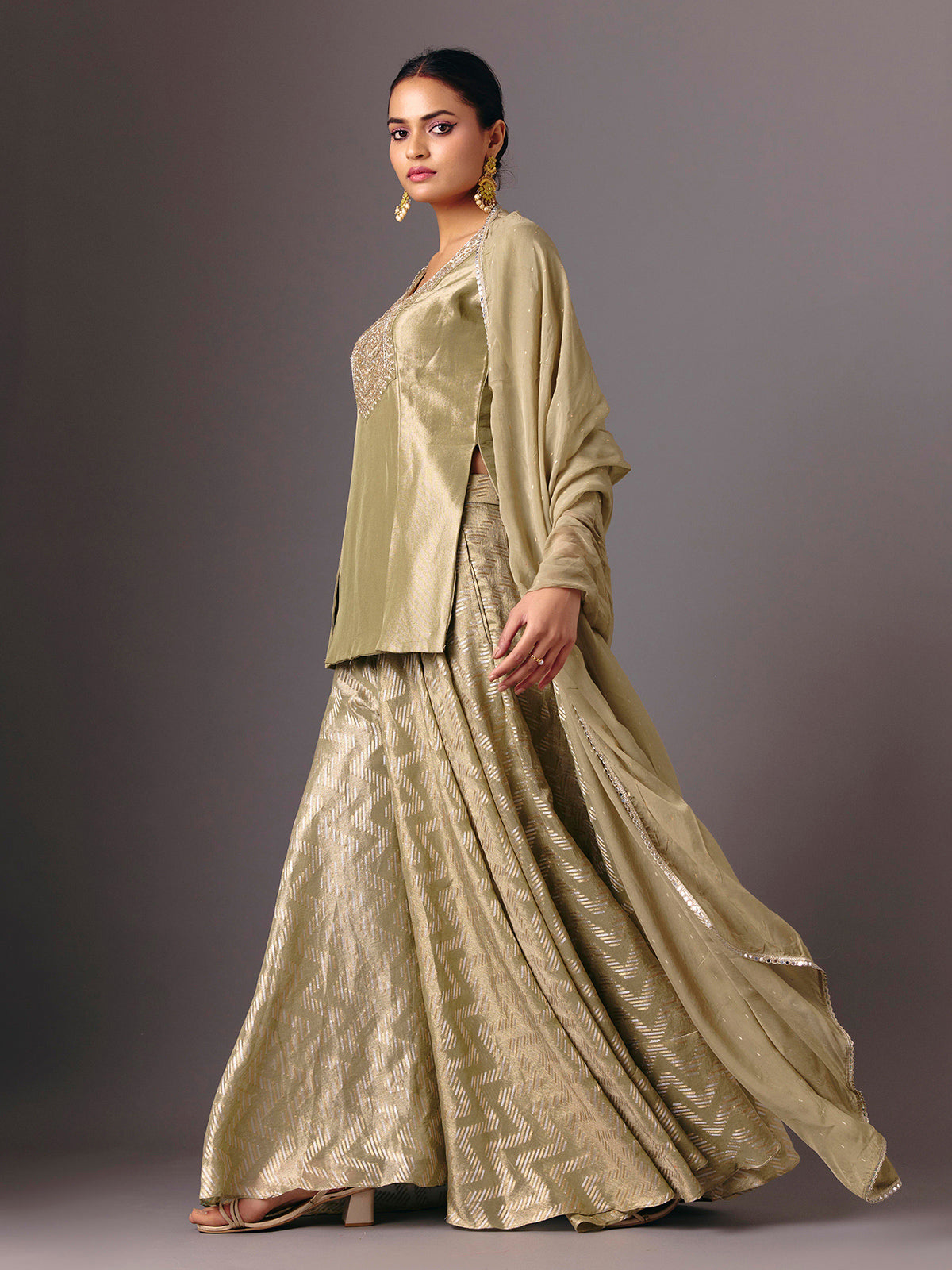 Olive silk mirror embellished quarter sleeve palazzo suit