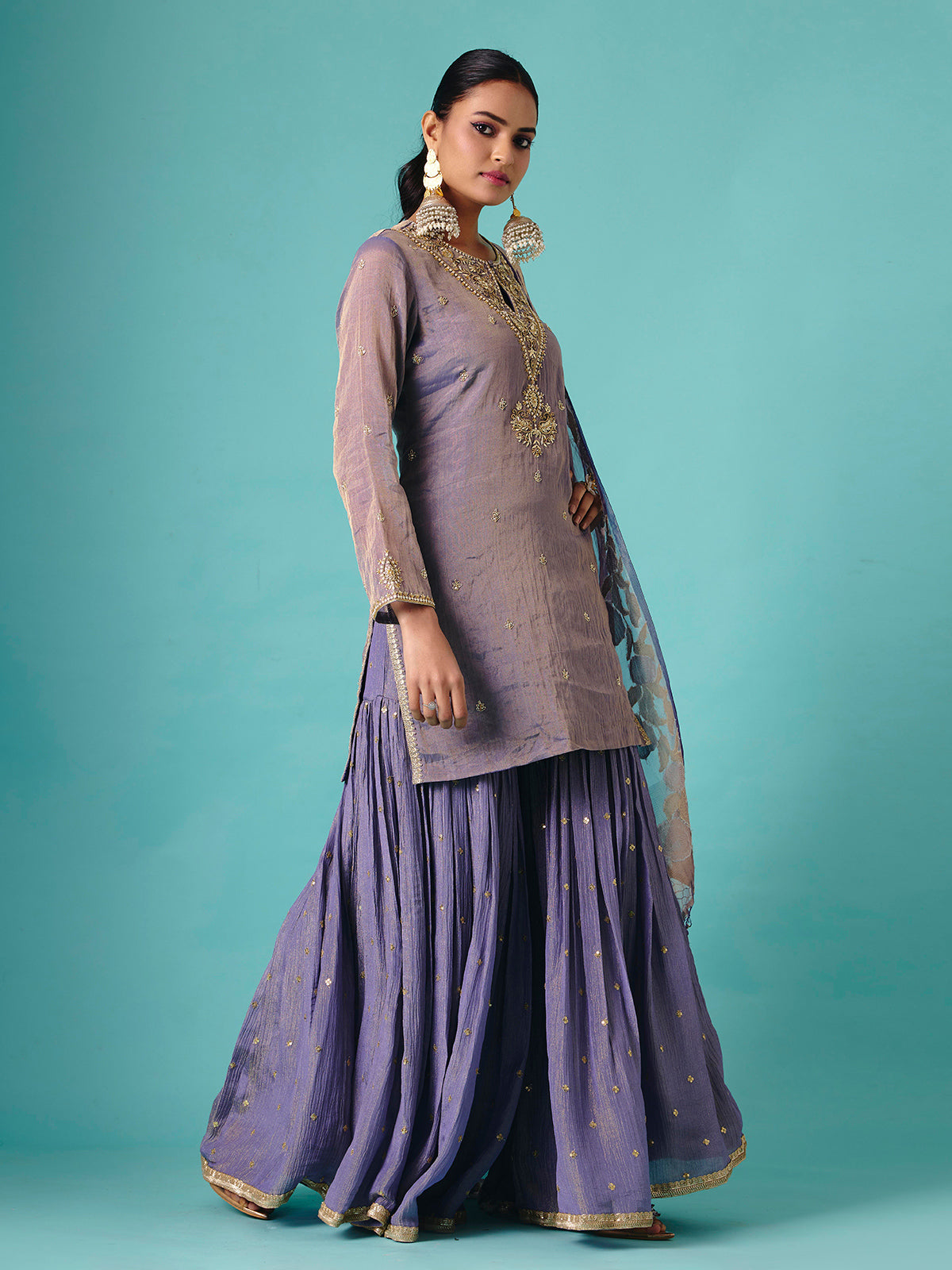 Pastel purple silk full sleeve elegant sharara suit