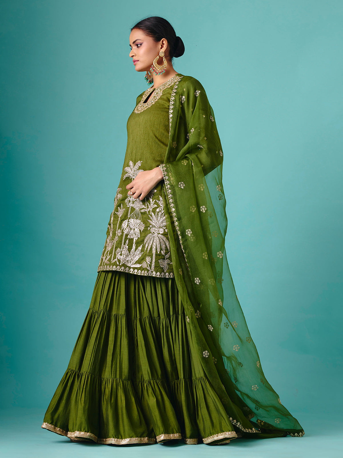 Green chinon silk net detailed sharara suit
