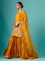 Mustard yellow chinon silk net flowy sharara suit