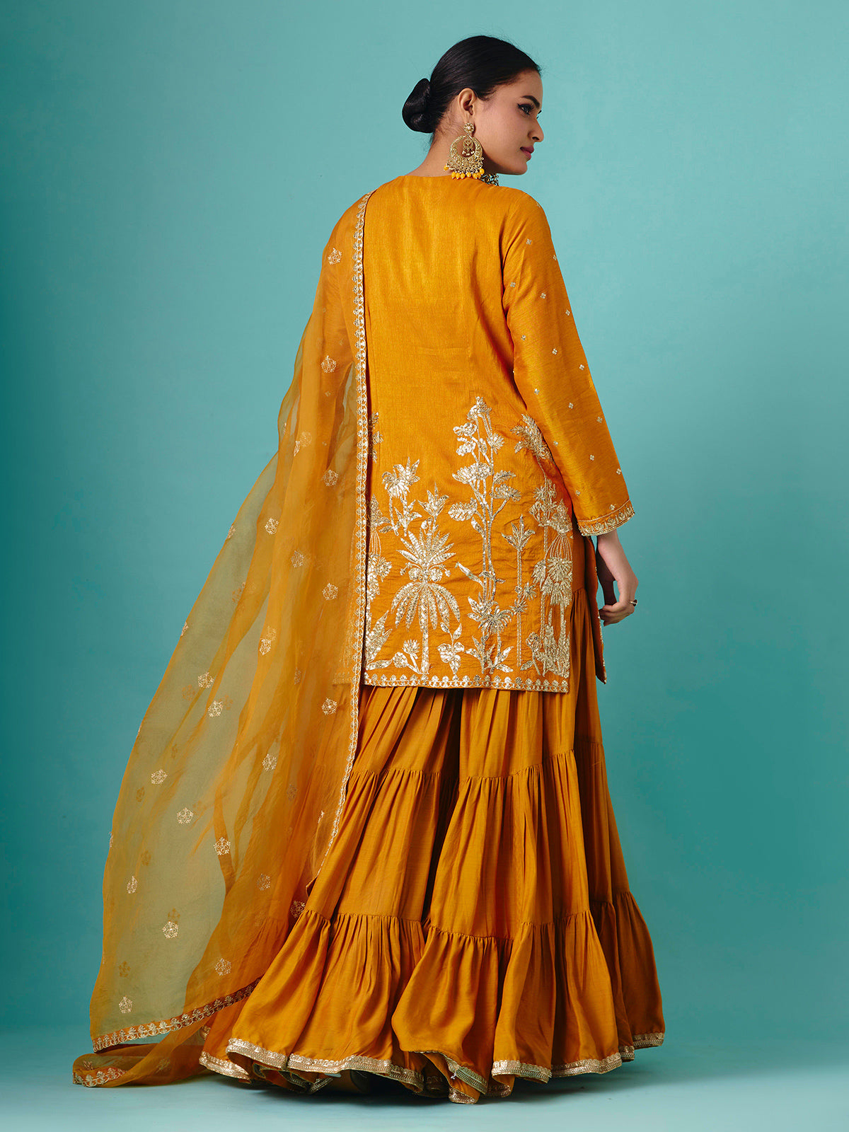 Mustard yellow chinon silk net flowy sharara suit