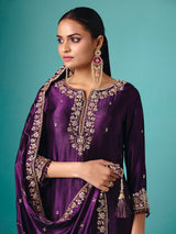 Violet chinon silk full sleeve flared palazzo suit