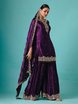 Violet chinon silk full sleeve flared palazzo suit