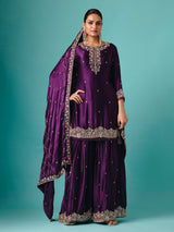 Violet chinon silk full sleeve flared palazzo suit