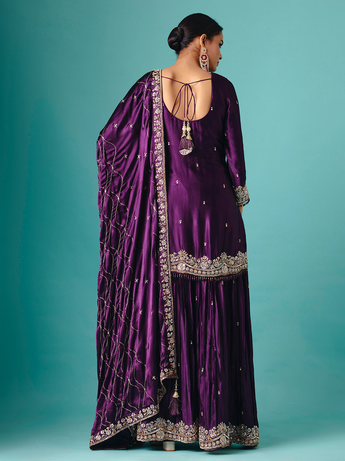 Violet chinon silk full sleeve flared palazzo suit