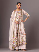 Cream silk round neck embellished palazzo suit