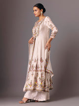 Cream silk round neck embellished palazzo suit