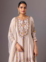 Cream silk round neck embellished palazzo suit