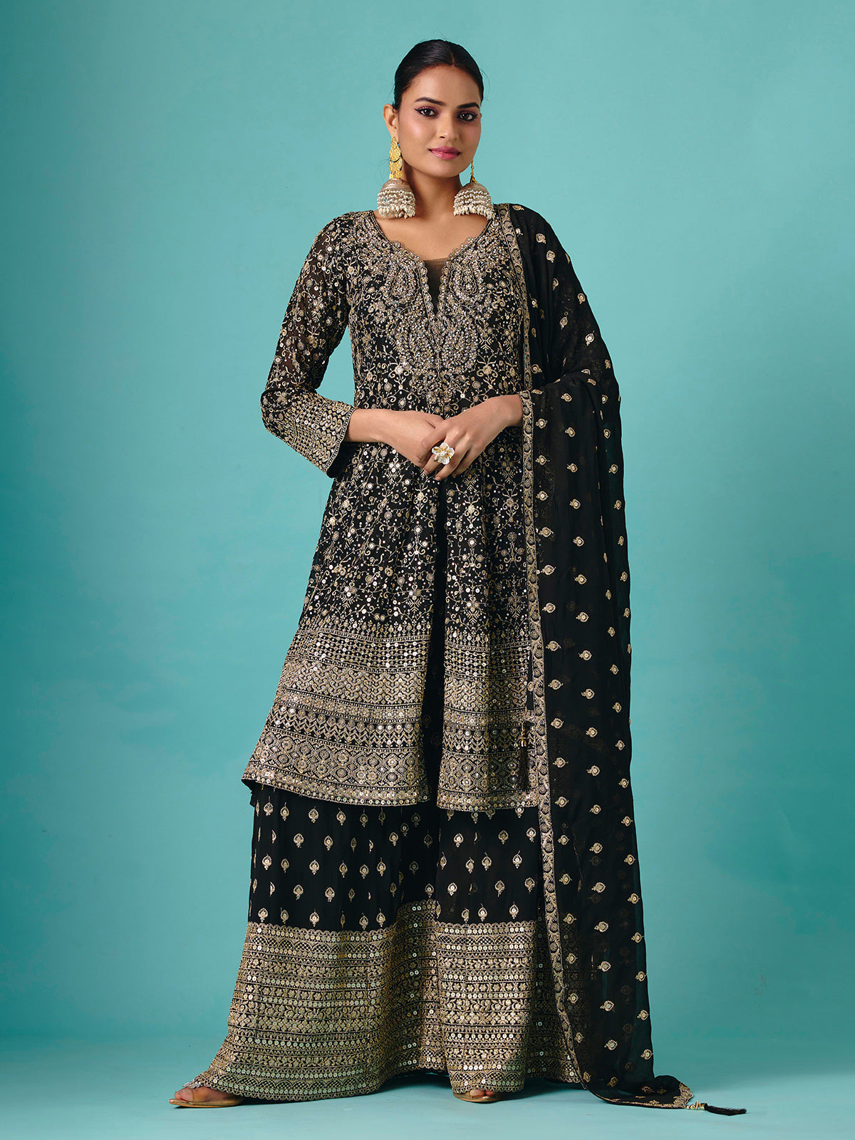 Black silk quarter sleeve embroidered palazzo suit
