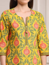 Yellow printed straight cut cotton silk kurti