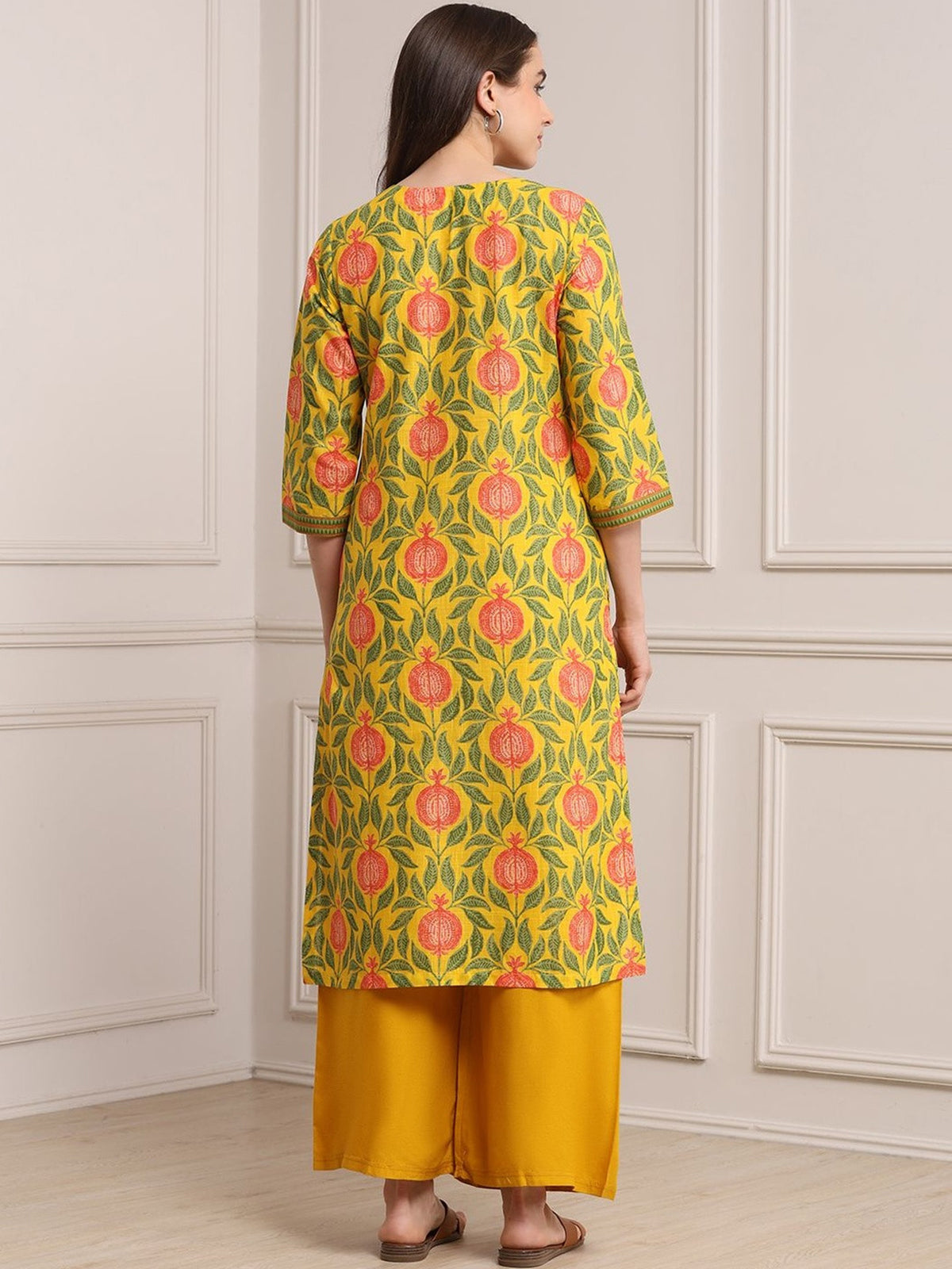 Yellow printed straight cut cotton silk kurti